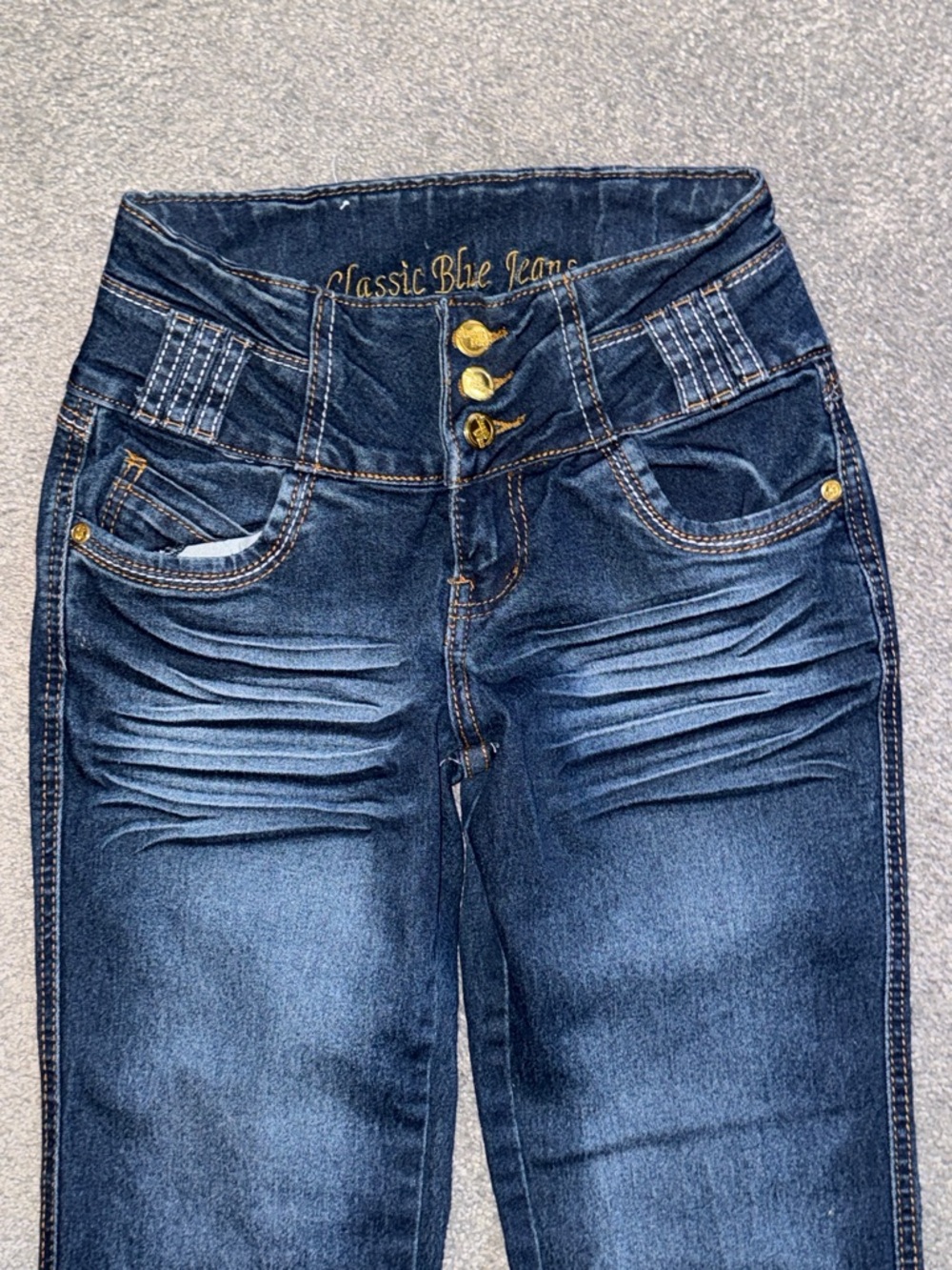 Classic Blue Jeans, Dark Blue Wash. Triple Button, Triple Belt Loops, Size 1